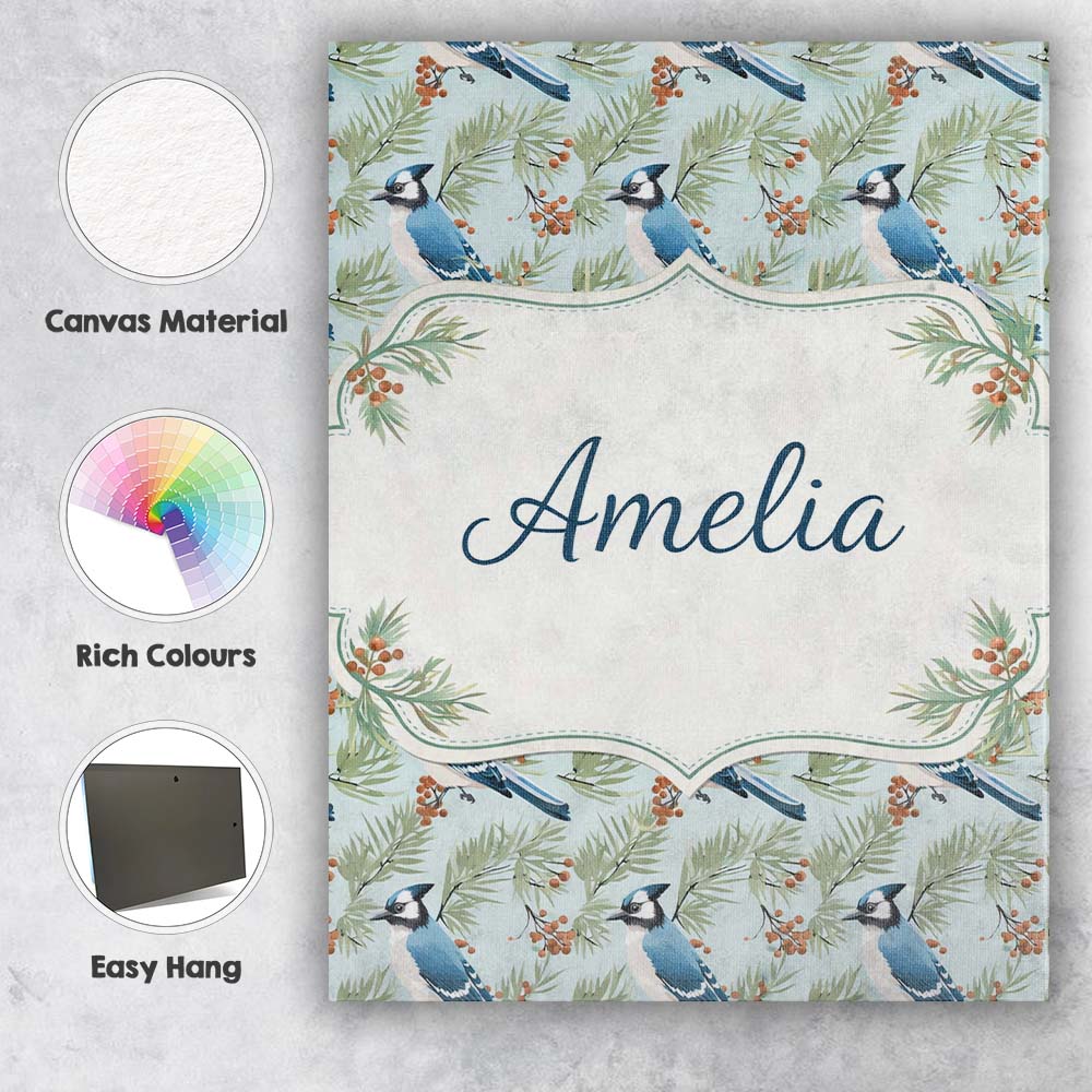 Personalised Name Blue Jay Bird Watercolor Branch Artistic Nature Custom Bespoke Canvas Wall Art Print Decor Picture Ready to Hang