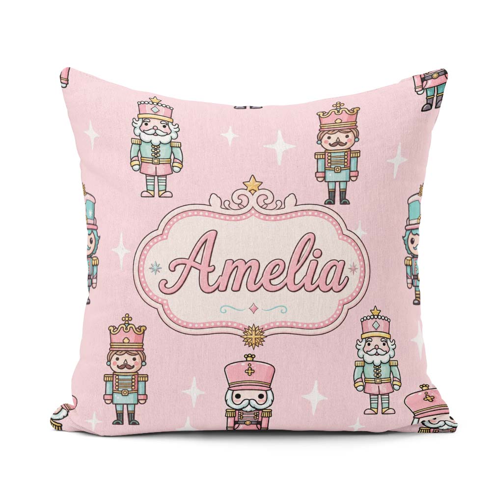 Custom Name Nutcracker Soldiers Toy Characters Pattern Soft Pink Square Filled Cushion Throw Pillow Sofa Bed Home Decor Zip Washable UK Made