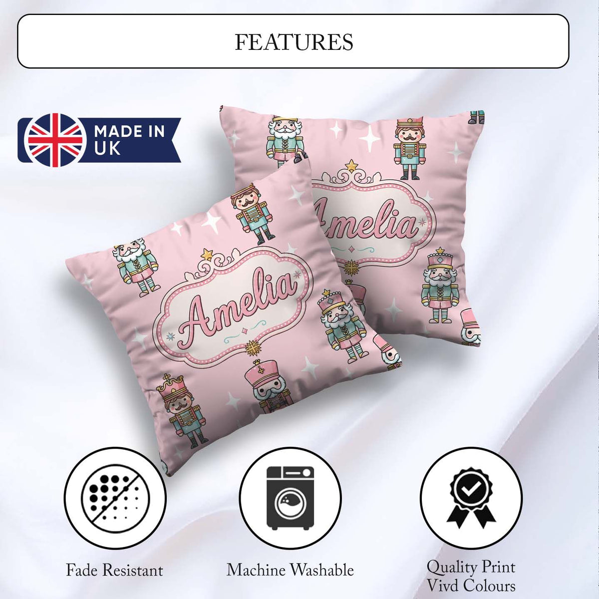 Custom Name Nutcracker Soldiers Toy Characters Pattern Soft Pink Square Filled Cushion Throw Pillow Sofa Bed Home Decor Zip Washable UK Made