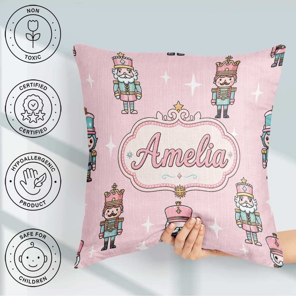 Custom Name Nutcracker Soldiers Toy Characters Pattern Soft Pink Square Filled Cushion Throw Pillow Sofa Bed Home Decor Zip Washable UK Made