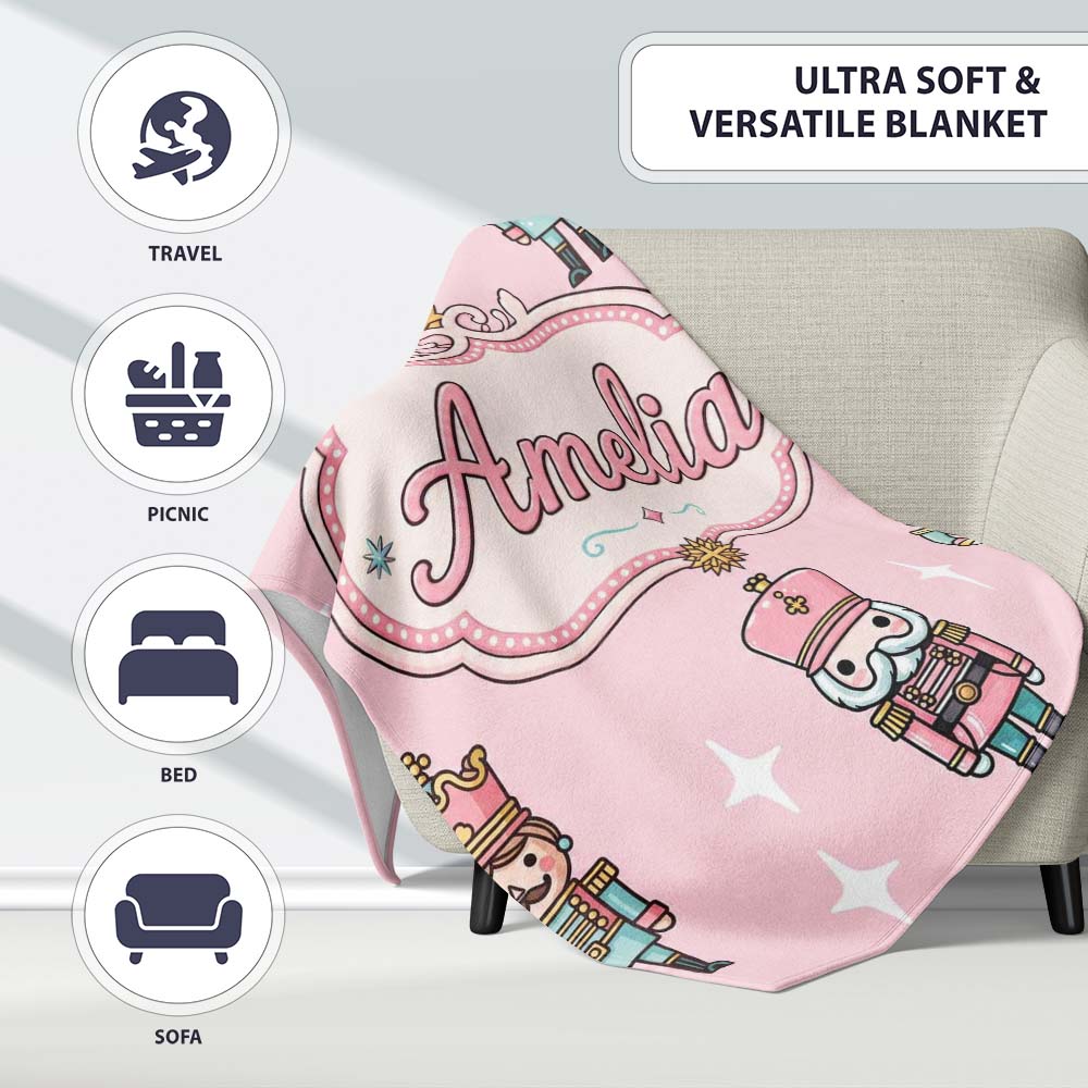 Cute Nutcracker Soldiers Christmas Toy Characters Pattern Soft Pink Personalised Custom Name Super Soft Fleece Blanket Bed Sofa Throw