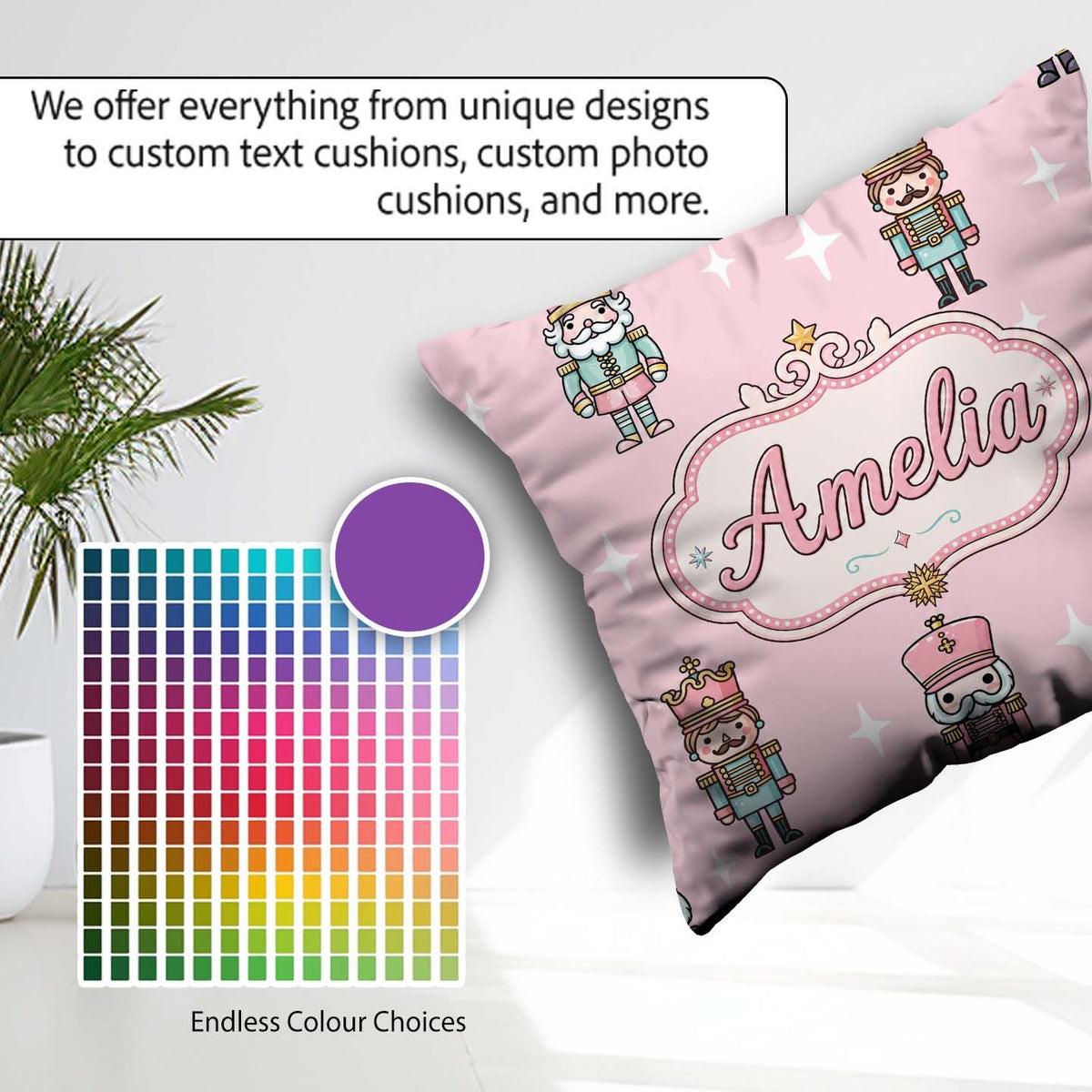 Custom Name Nutcracker Soldiers Toy Characters Pattern Soft Pink Square Filled Cushion Throw Pillow Sofa Bed Home Decor Zip Washable UK Made