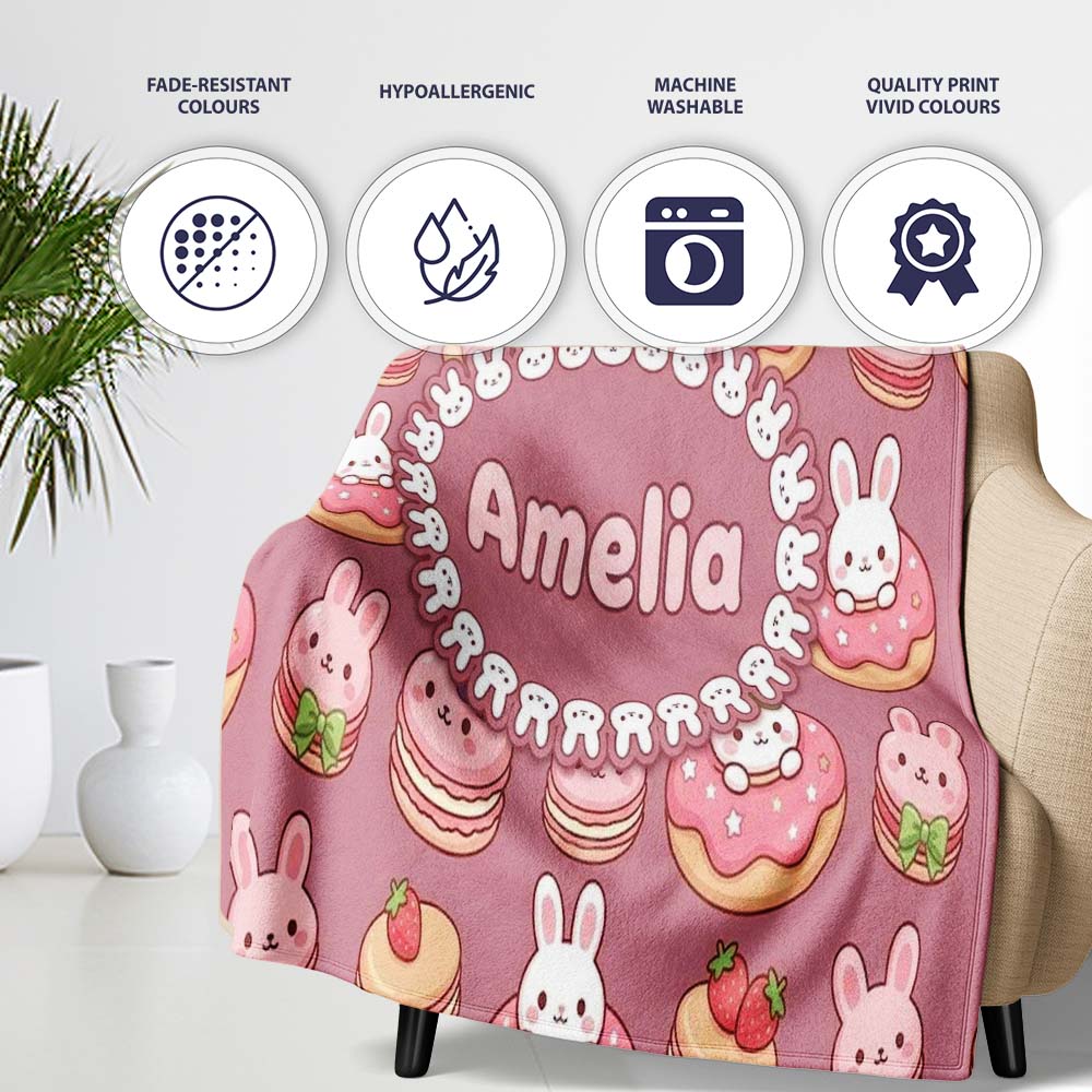 Cute Kawaii Bunny Donuts Strawberry Dessert Seamless Pattern Pink Personalised Custom Name Super Soft Fleece Blanket Bed Sofa Throw