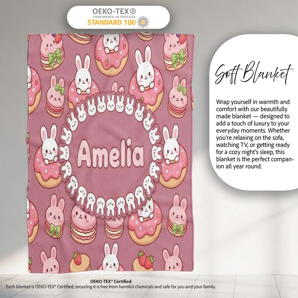 Cute Kawaii Bunny Donuts Strawberry Dessert Seamless Pattern Pink Personalised Custom Name Super Soft Fleece Blanket Bed Sofa Throw