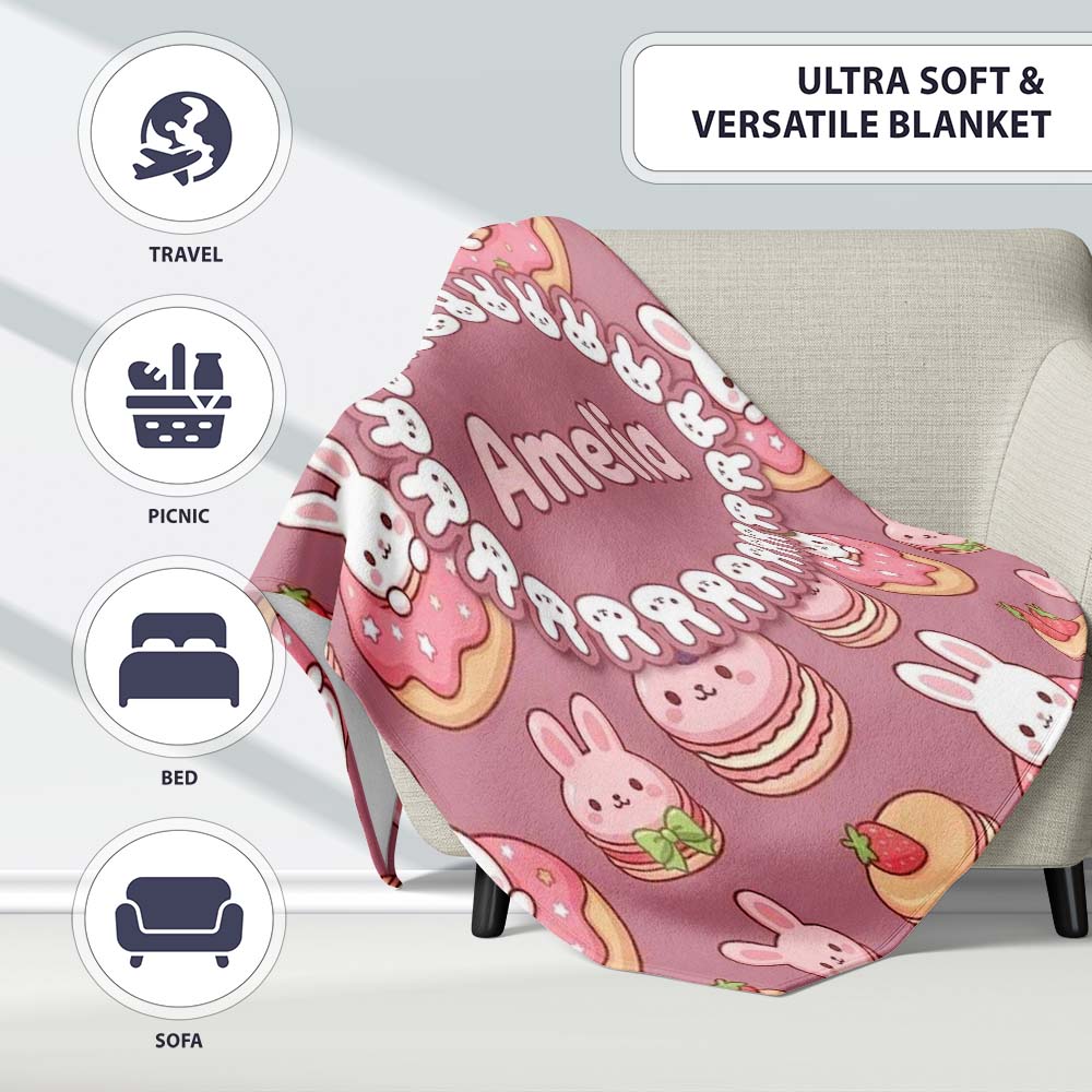 Cute Kawaii Bunny Donuts Strawberry Dessert Seamless Pattern Pink Personalised Custom Name Super Soft Fleece Blanket Bed Sofa Throw