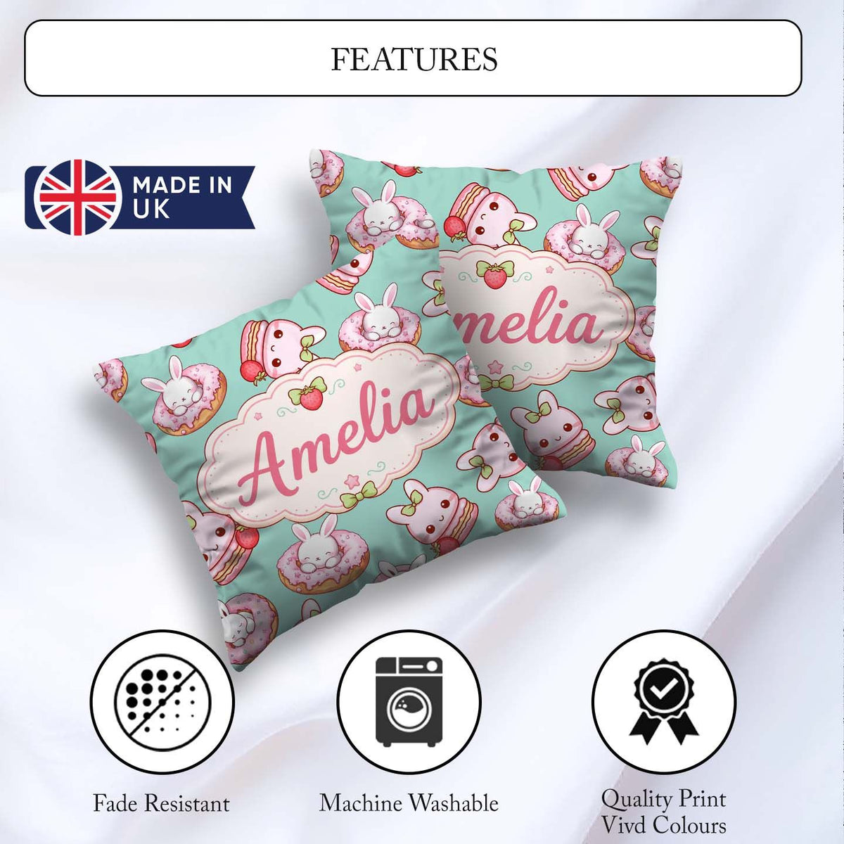 Custom Name Kawaii Bunny Donuts Strawberry Dessert Seamless Teal Square Filled Cushion Throw Pillow Sofa Bed Home Decor Zip Washable UK Made