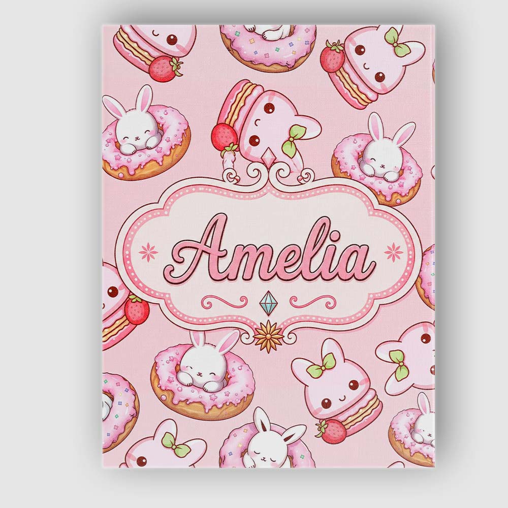 Personalised Name Cute Kawaii Bunny Donuts Custom Unique Gift Idea Elegant Feature Canvas Wall Art Print Decor Picture Ready to Hang