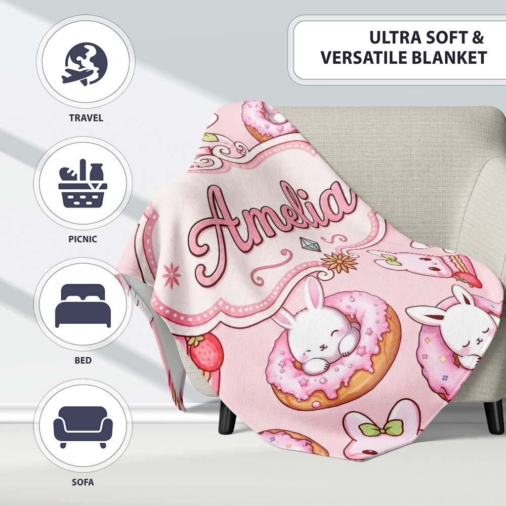 Cute Kawaii Bunny Donuts Strawberry Dessert Pattern Blush Pink Personalised Custom Name Super Soft Fleece Blanket Bed Sofa Throw