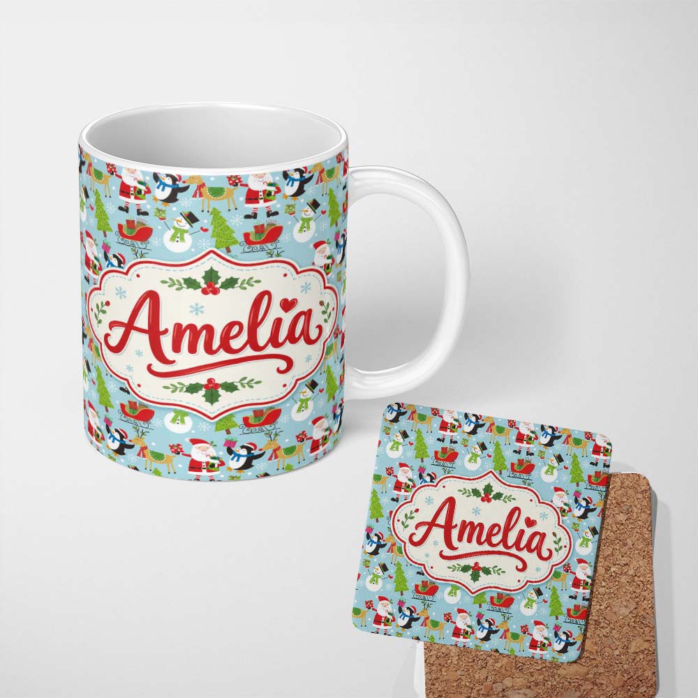 Personalized Custom Name Santa Reindeer Penguin Sleigh Snowman Christmas Fun Seamless Pattern 11oz Ceramic Coffee Tea Mug White Large Handle
