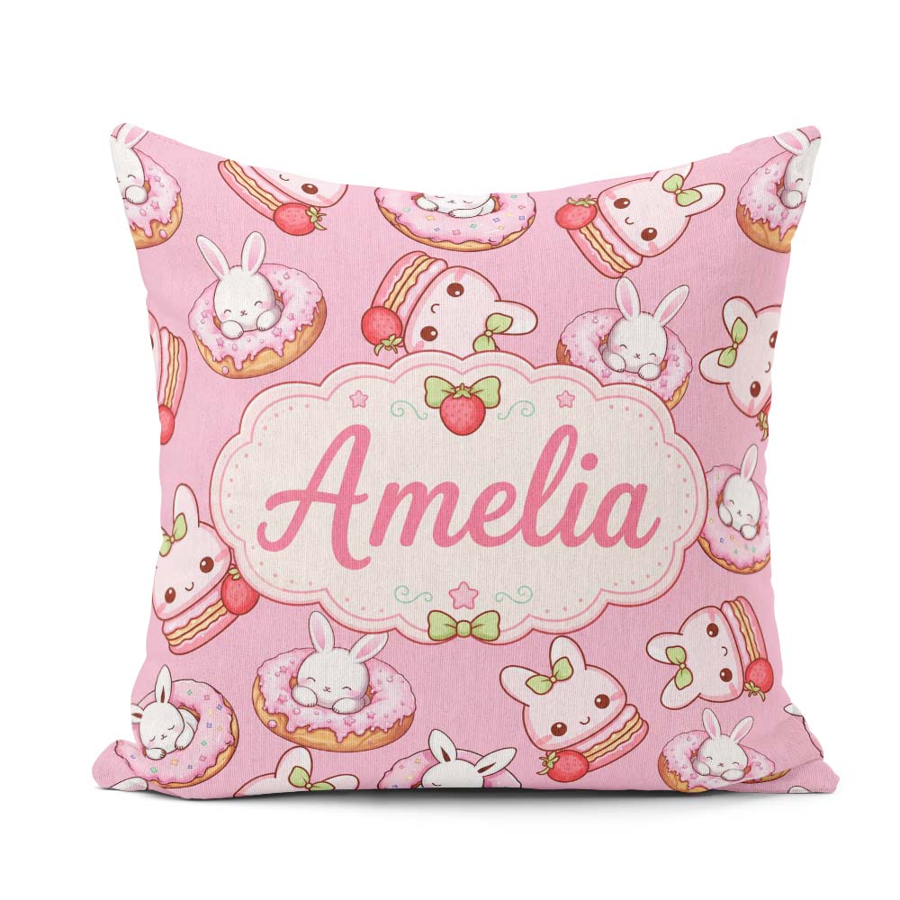 Custom Name Cute Kawaii Bunny Donuts Dessert Pattern Soft Pink Square Filled Cushion Throw Pillow Sofa Bed Home Decor Zip Washable UK Made