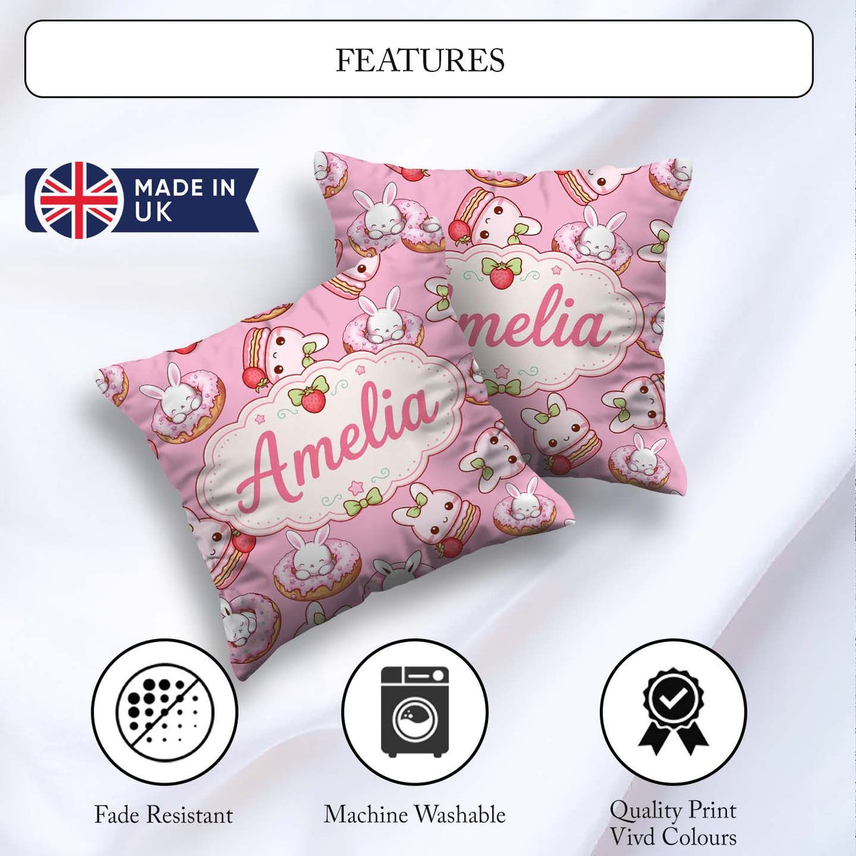 Custom Name Cute Kawaii Bunny Donuts Dessert Pattern Soft Pink Square Filled Cushion Throw Pillow Sofa Bed Home Decor Zip Washable UK Made