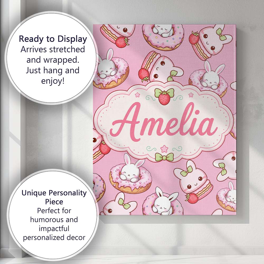 Personalised Name Cute Kawaii Bunny Donuts Custom Unique Gift Idea Elegant Feature Canvas Wall Art Print Decor Picture Ready to Hang