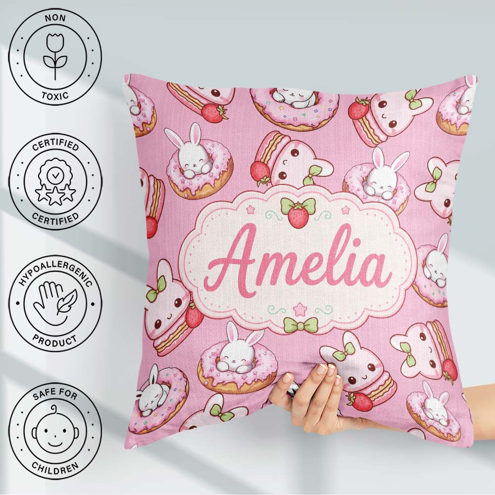 Custom Name Cute Kawaii Bunny Donuts Dessert Pattern Soft Pink Square Filled Cushion Throw Pillow Sofa Bed Home Decor Zip Washable UK Made
