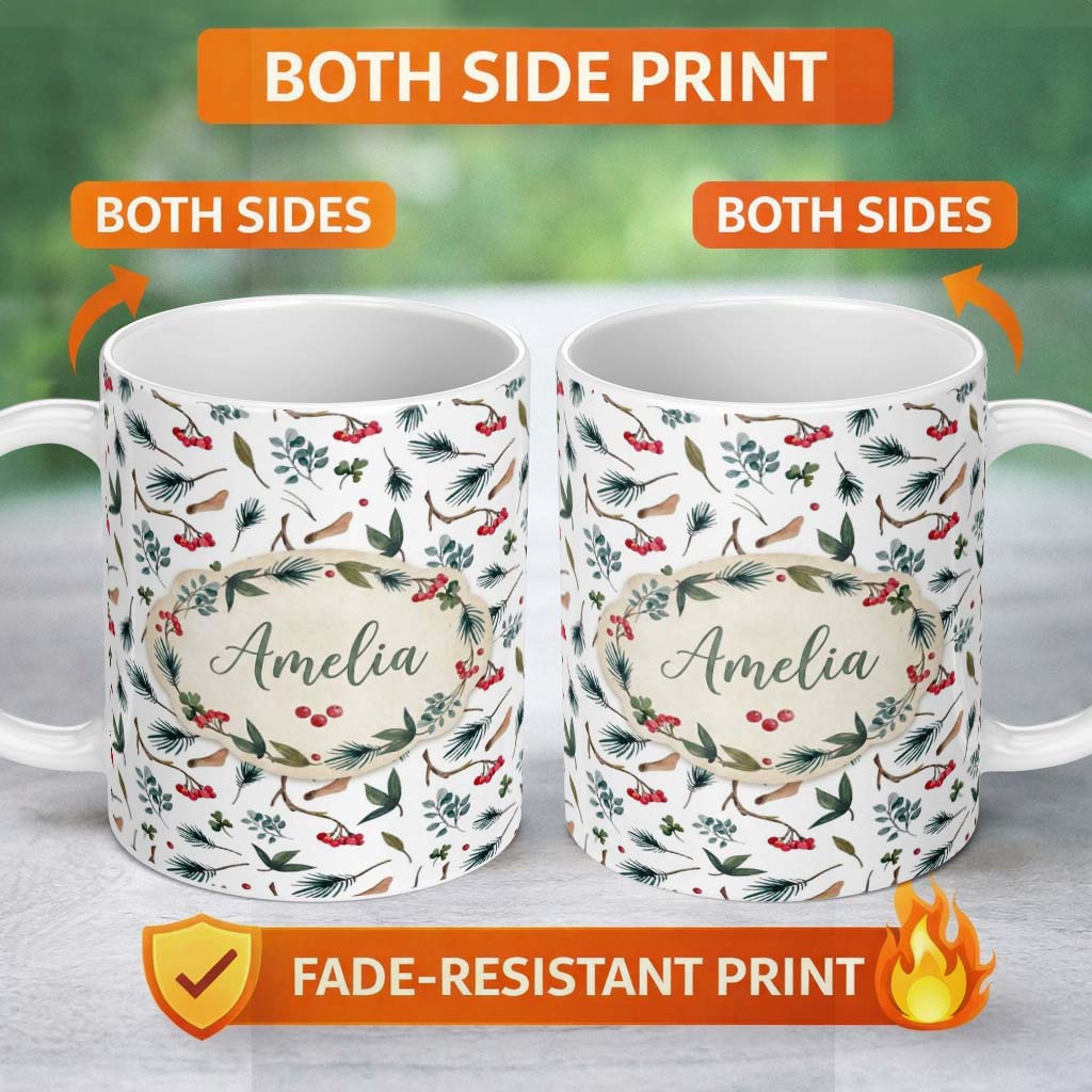 Personalized Custom Name Winter Botanical Pine Branch Berry Nature Seamless Pattern Lovely 11oz Ceramic Coffee Tea Mug White Large Handle