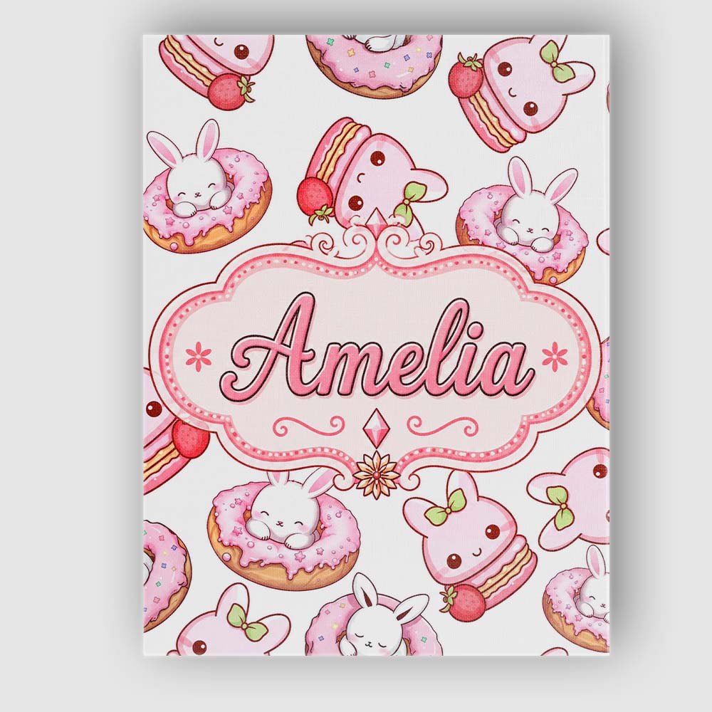 Personalised Name Cute Kawaii Bunny Donuts Custom Unique Gift Idea Elegant Feature Canvas Wall Art Print Decor Picture Ready to Hang