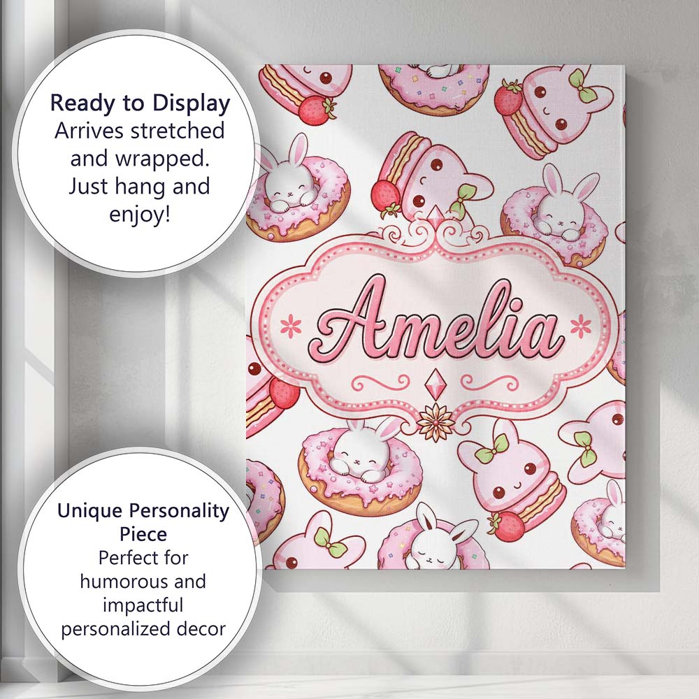 Personalised Name Cute Kawaii Bunny Donuts Custom Unique Gift Idea Elegant Feature Canvas Wall Art Print Decor Picture Ready to Hang