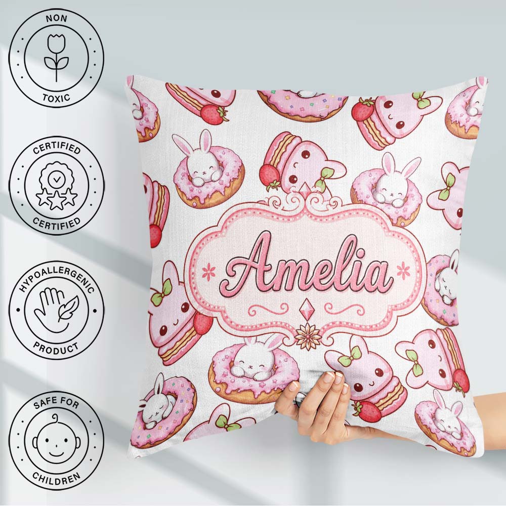 Custom Name Cute Kawaii Bunny Donuts Dessert Pattern Light Grey Square Filled Cushion Throw Pillow Sofa Bed Home Decor Zip Washable UK Made