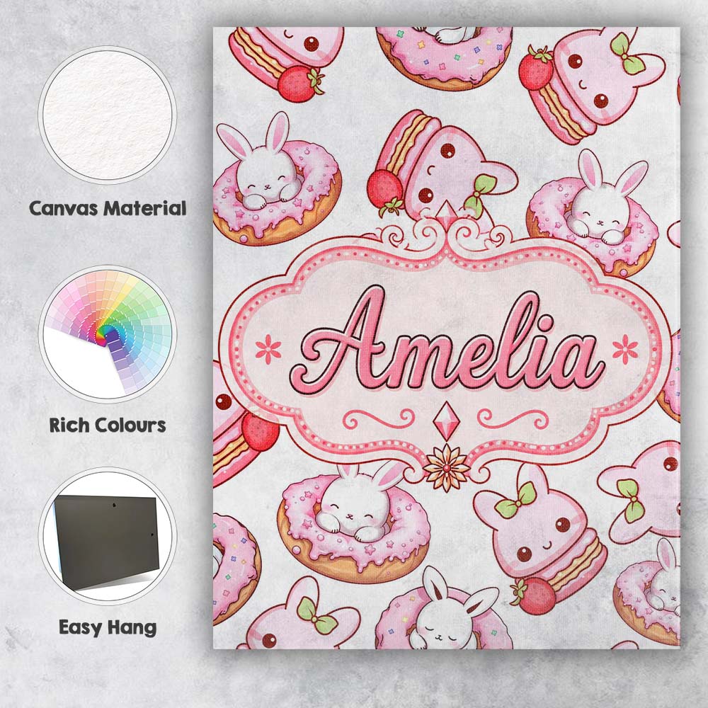 Personalised Name Cute Kawaii Bunny Donuts Custom Unique Gift Idea Elegant Feature Canvas Wall Art Print Decor Picture Ready to Hang
