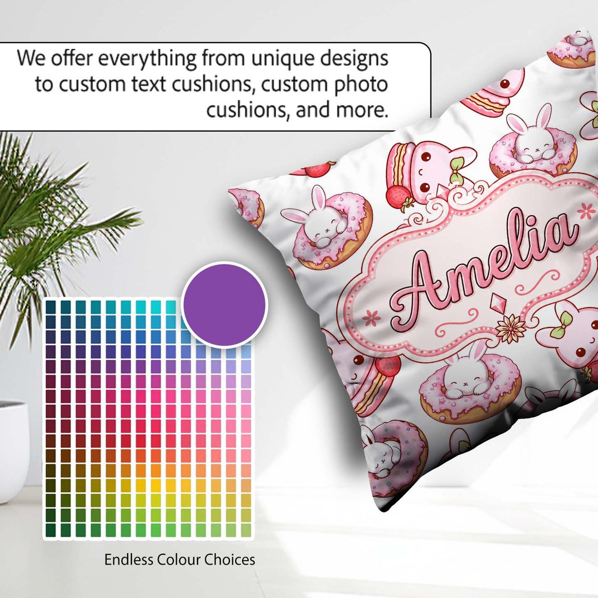 Custom Name Cute Kawaii Bunny Donuts Dessert Pattern Light Grey Square Filled Cushion Throw Pillow Sofa Bed Home Decor Zip Washable UK Made