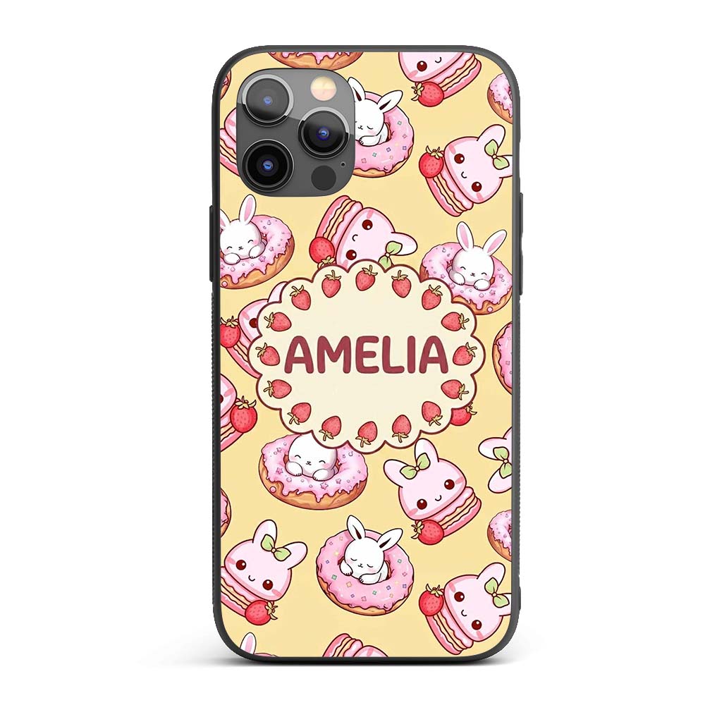 Cute Kawaii Bunny Donuts Strawberry Dessert Pattern Pastel Custom Name Protective Phone Case Mobile Cover Durable Smartphone Shock Resistant