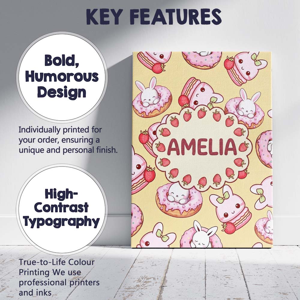 Personalised Name Cute Kawaii Bunny Donuts Custom Unique Gift Idea Elegant Feature Canvas Wall Art Print Decor Picture Ready to Hang