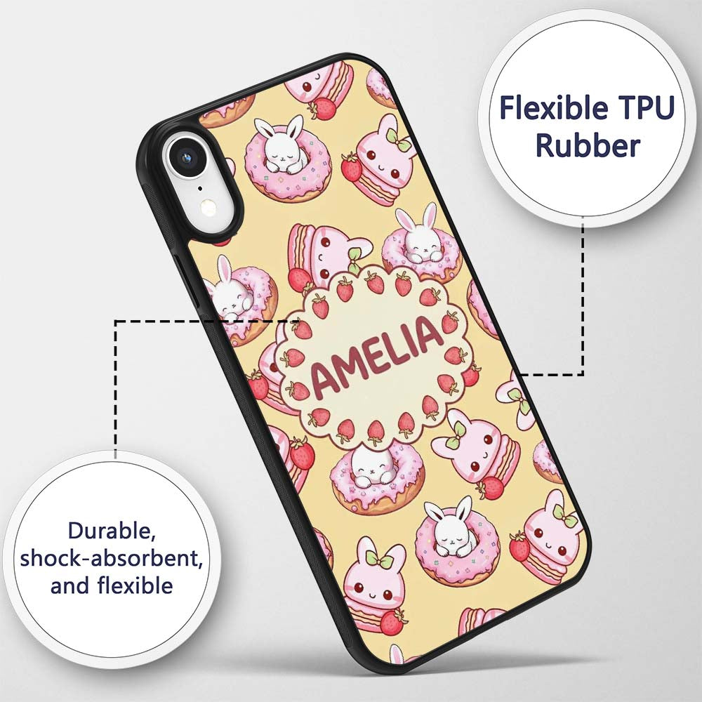 Cute Kawaii Bunny Donuts Strawberry Dessert Pattern Pastel Custom Name Protective Phone Case Mobile Cover Durable Smartphone Shock Resistant
