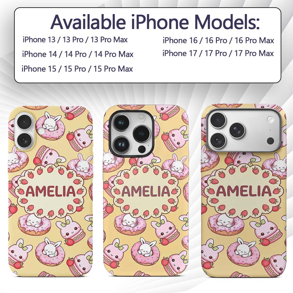 Cute Kawaii Bunny Donuts Strawberry Dessert Pattern Pastel Custom Name Protective Phone Case Mobile Cover Durable Smartphone Shock Resistant
