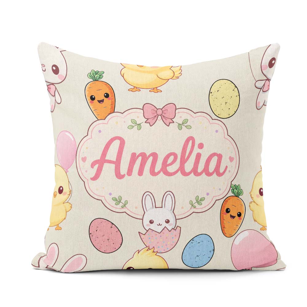 Custom Name Cute Easter Bunny Chick Eggs Carrot Seamless Pattern Square Filled Cushion Throw Pillow Sofa Bed Home Decor Zip Washable UK Made