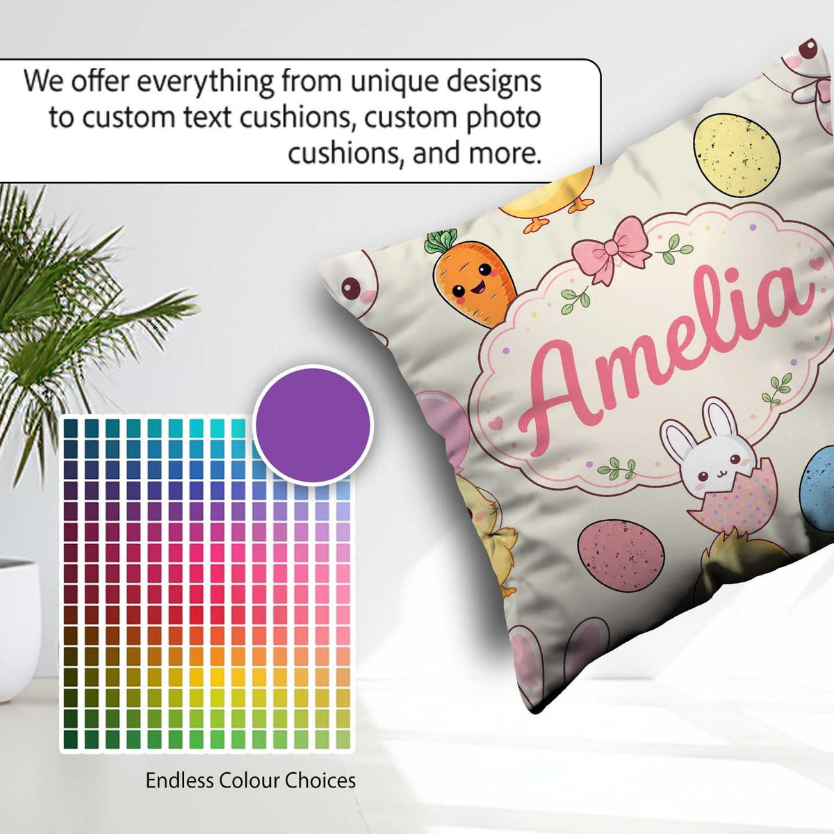 Custom Name Cute Easter Bunny Chick Eggs Carrot Seamless Pattern Square Filled Cushion Throw Pillow Sofa Bed Home Decor Zip Washable UK Made