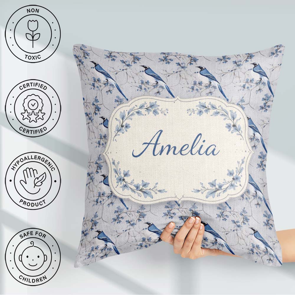 Custom Name Blue Jay Bird Floral Vine Seamless Pattern Botanical Square Filled Cushion Throw Pillow Sofa Bed Home Decor Zip Washable UK Made