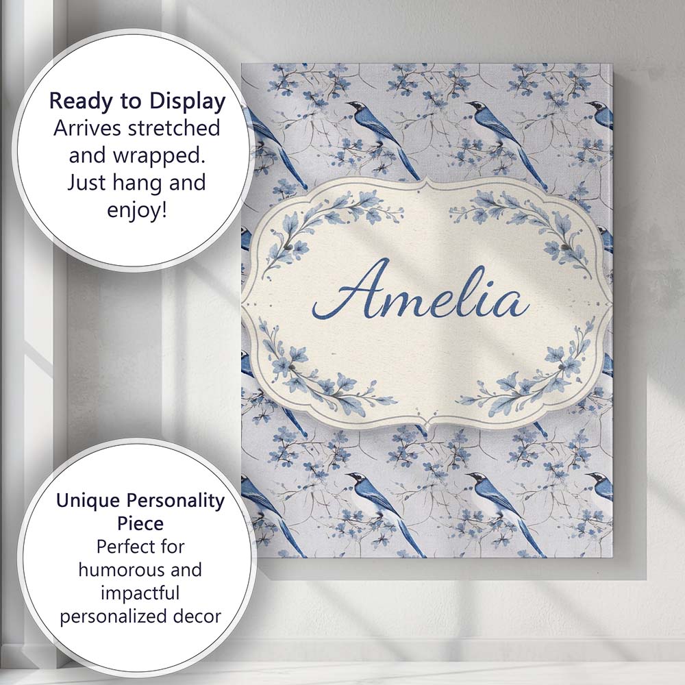 Personalised Name Blue Jay Bird Floral Vine Seamless Pattern Elegant Custom Home Canvas Wall Art Print Decor Picture Ready to Hang