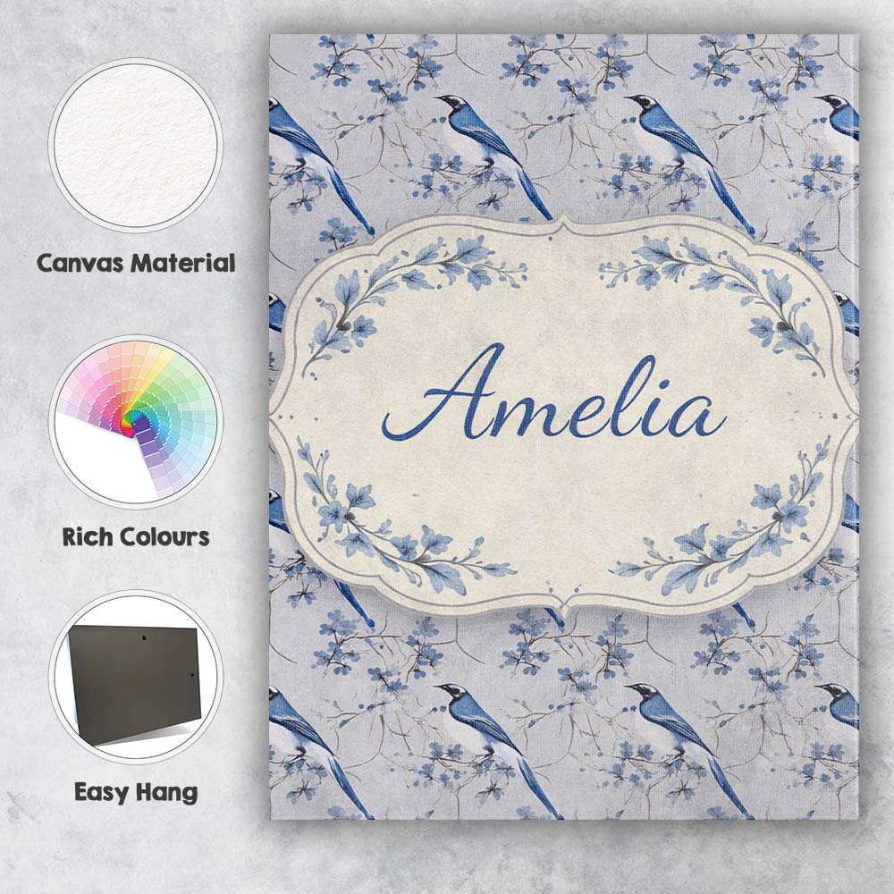 Personalised Name Blue Jay Bird Floral Vine Seamless Pattern Elegant Custom Home Canvas Wall Art Print Decor Picture Ready to Hang