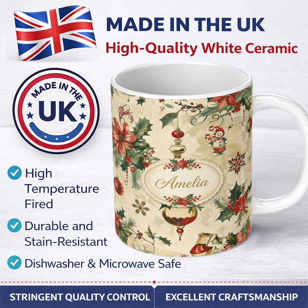 Personalized Custom Name Elegant Christmas Poinsettia Holly Berries and Ornaments Seamless 11oz Ceramic Coffee Tea Mug White Large Handle