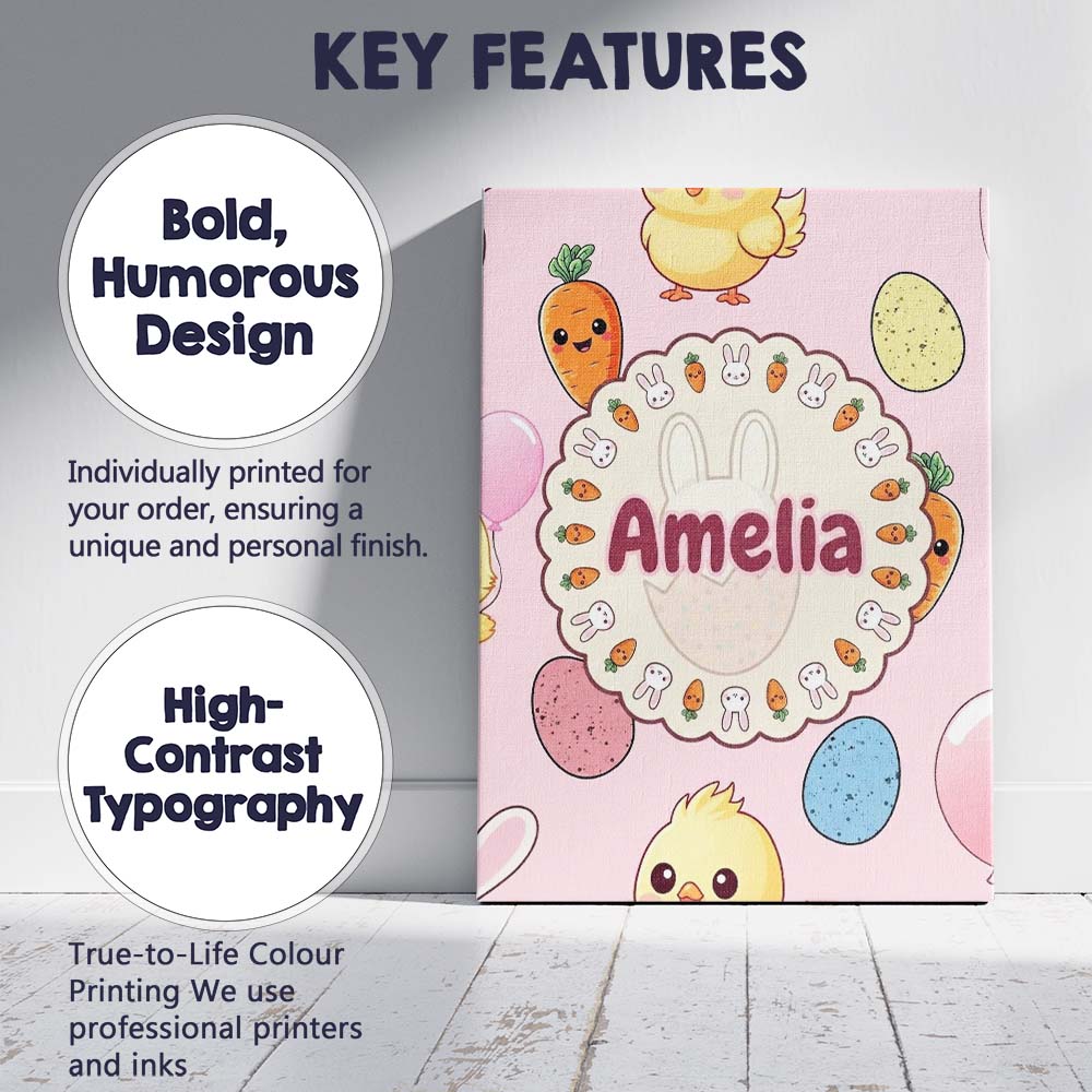 Personalised Name Cute Easter Bunny Chick Custom Unique Gift Idea Elegant Feature Canvas Wall Art Print Decor Picture Ready to Hang