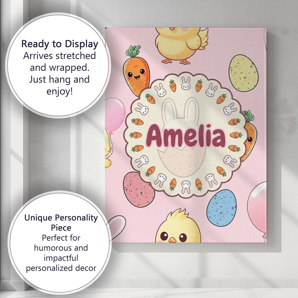 Personalised Name Cute Easter Bunny Chick Custom Unique Gift Idea Elegant Feature Canvas Wall Art Print Decor Picture Ready to Hang