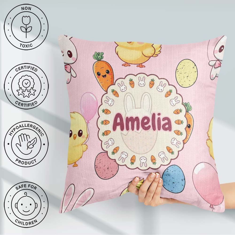 Custom Name Cute Easter Bunny Chick Eggs Carrot Seamless Pattern Square Filled Cushion Throw Pillow Sofa Bed Home Decor Zip Washable UK Made