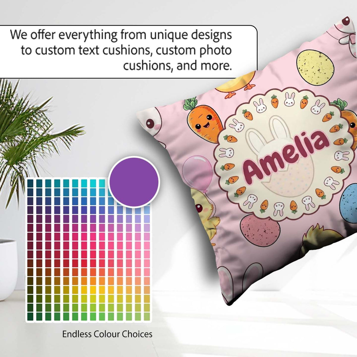 Custom Name Cute Easter Bunny Chick Eggs Carrot Seamless Pattern Square Filled Cushion Throw Pillow Sofa Bed Home Decor Zip Washable UK Made