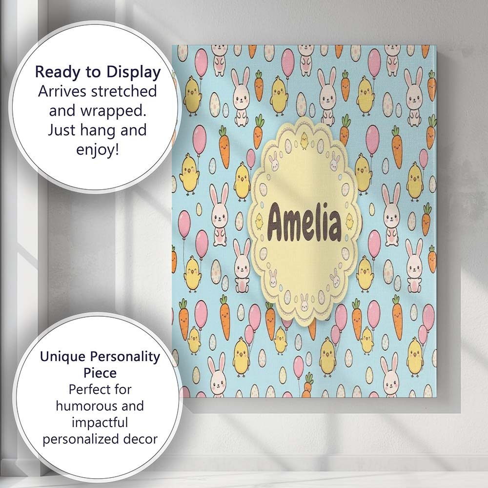 Personalised Name Cute Easter Bunny Chick Custom Unique Gift Idea Elegant Feature Canvas Wall Art Print Decor Picture Ready to Hang