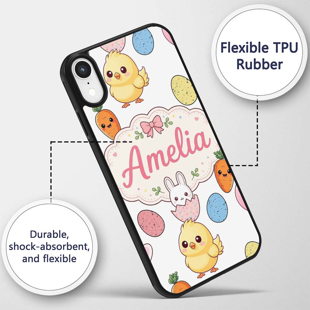 Cute Easter Bunny Chick Carrots Eggs Polka Dot Custom Name Protective Phone Case Mobile Cover Durable Everyday Smartphone Shock Resistant
