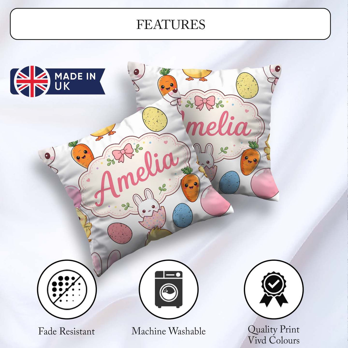 Custom Name Cute Easter Bunny Chick Eggs Polka Dot Seamless Grey Square Filled Cushion Throw Pillow Sofa Bed Home Decor Zip Washable UK Made