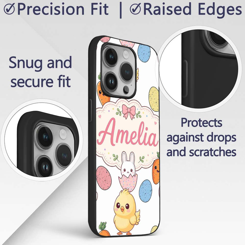 Cute Easter Bunny Chick Carrots Eggs Polka Dot Custom Name Protective Phone Case Mobile Cover Durable Everyday Smartphone Shock Resistant