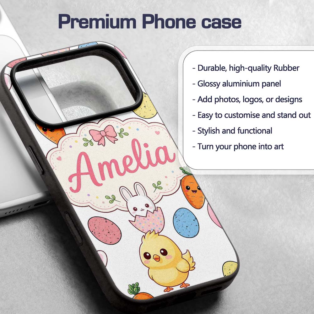 Cute Easter Bunny Chick Carrots Eggs Polka Dot Custom Name Protective Phone Case Mobile Cover Durable Everyday Smartphone Shock Resistant