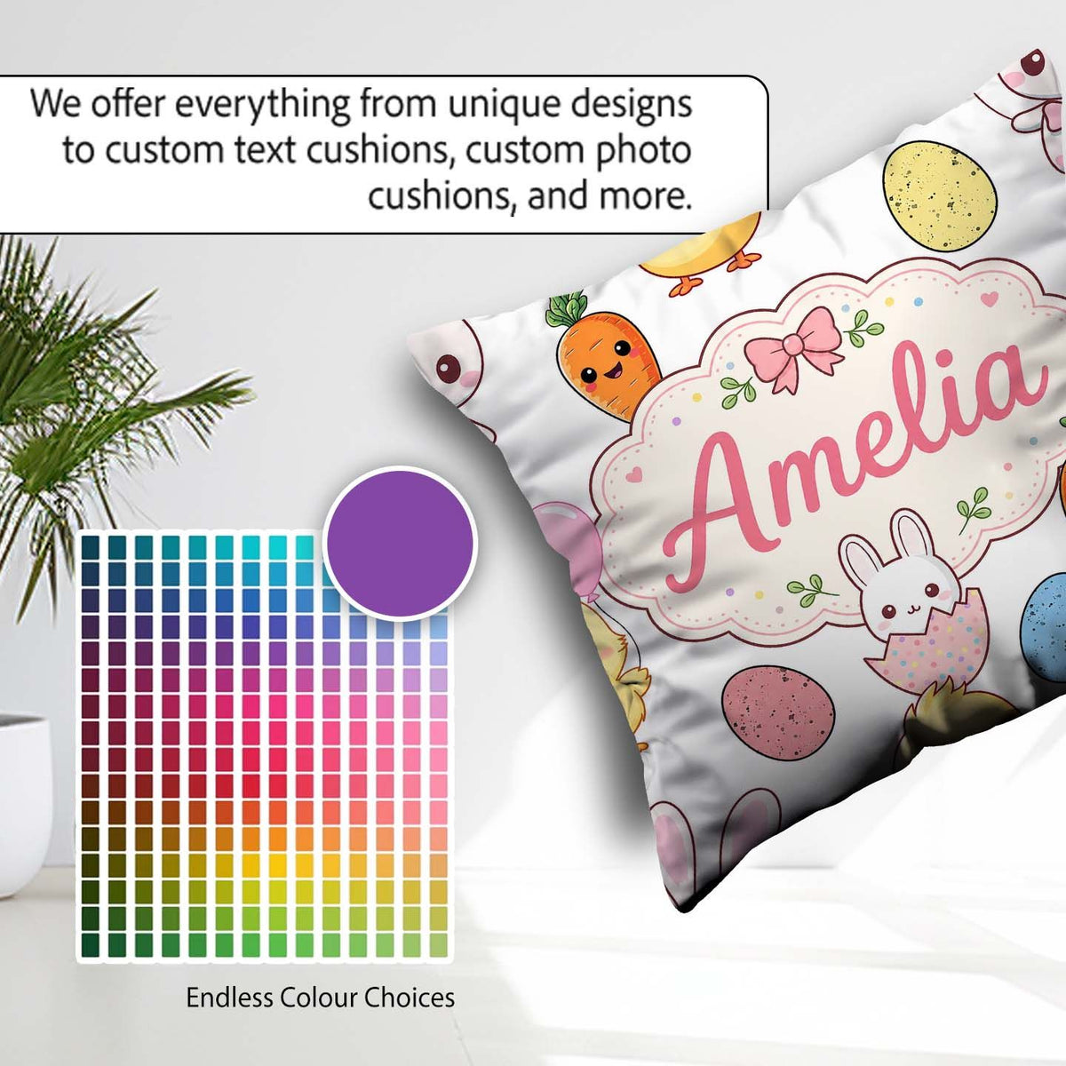 Custom Name Cute Easter Bunny Chick Eggs Polka Dot Seamless Grey Square Filled Cushion Throw Pillow Sofa Bed Home Decor Zip Washable UK Made