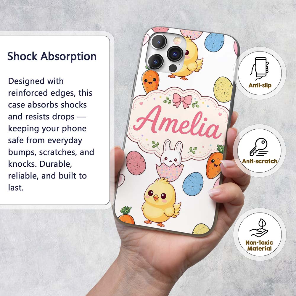 Cute Easter Bunny Chick Carrots Eggs Polka Dot Custom Name Protective Phone Case Mobile Cover Durable Everyday Smartphone Shock Resistant