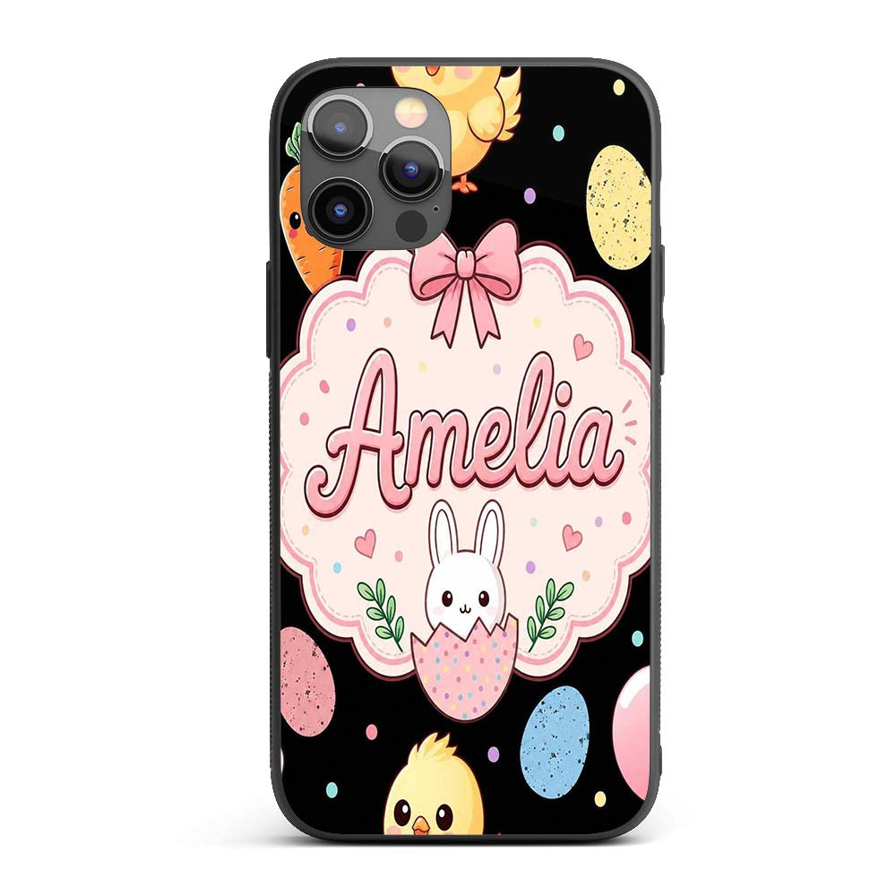 Cute Easter Bunny Chick Carrots Eggs Polka Dot Custom Name Protective Phone Case Mobile Cover Durable Everyday Smartphone Shock Resistant