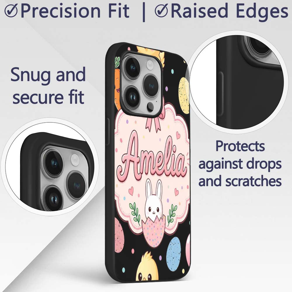 Cute Easter Bunny Chick Carrots Eggs Polka Dot Custom Name Protective Phone Case Mobile Cover Durable Everyday Smartphone Shock Resistant