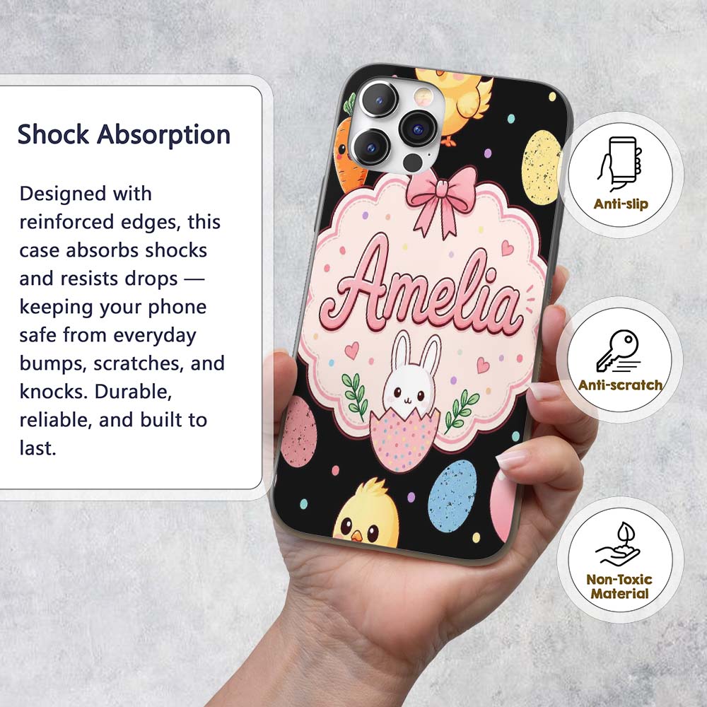 Cute Easter Bunny Chick Carrots Eggs Polka Dot Custom Name Protective Phone Case Mobile Cover Durable Everyday Smartphone Shock Resistant