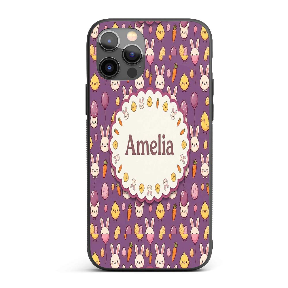 Cute Easter Bunny Chick Carrots Eggs Polka Dot Custom Name Protective Phone Case Mobile Cover Durable Everyday Smartphone Shock Resistant