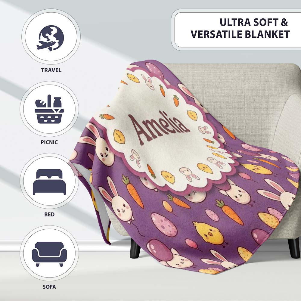 Cute Easter Bunny Chick Carrots Eggs Polka Dot Pattern Purple Lovely Personalised Custom Name Super Soft Fleece Blanket Bed Sofa Throw