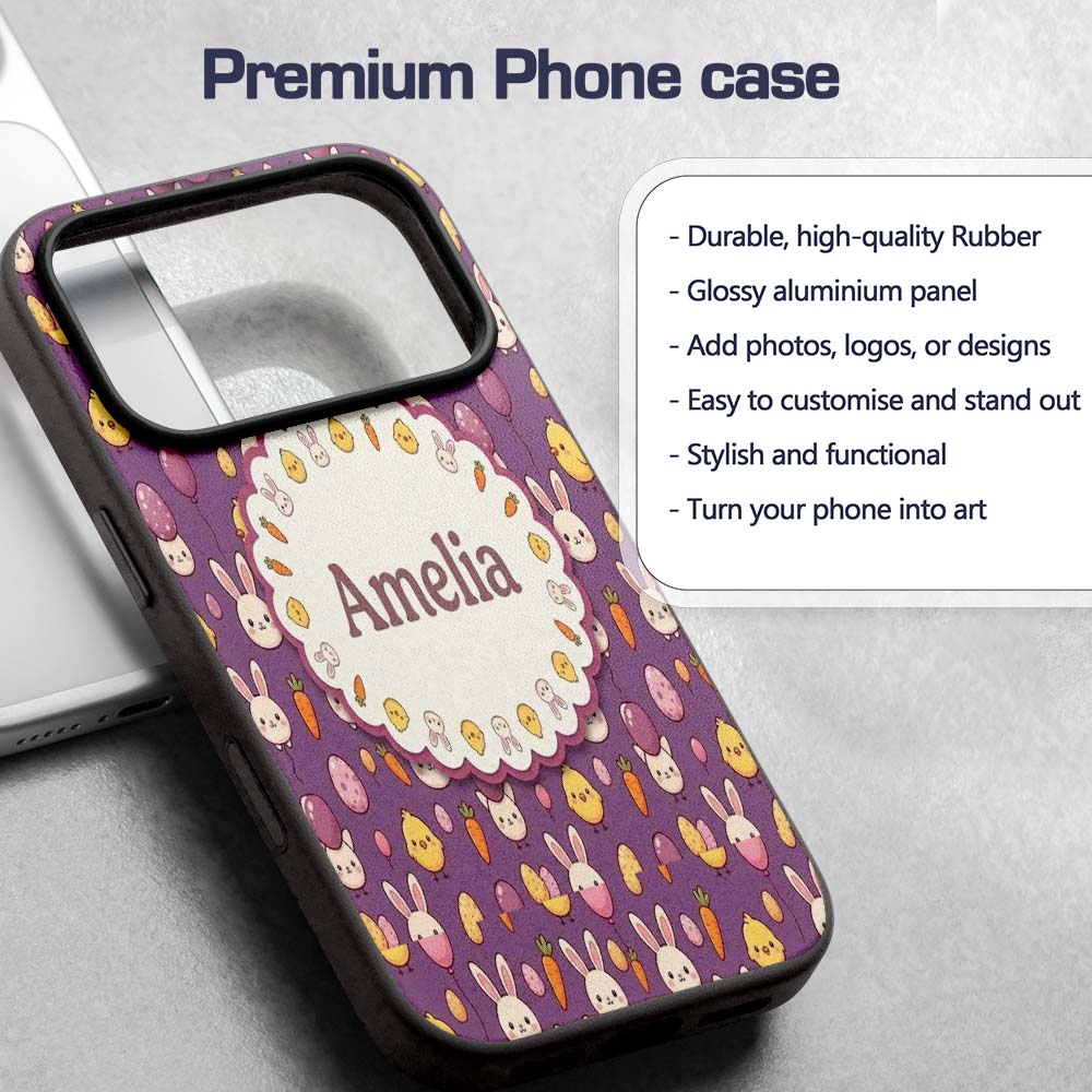 Cute Easter Bunny Chick Carrots Eggs Polka Dot Custom Name Protective Phone Case Mobile Cover Durable Everyday Smartphone Shock Resistant